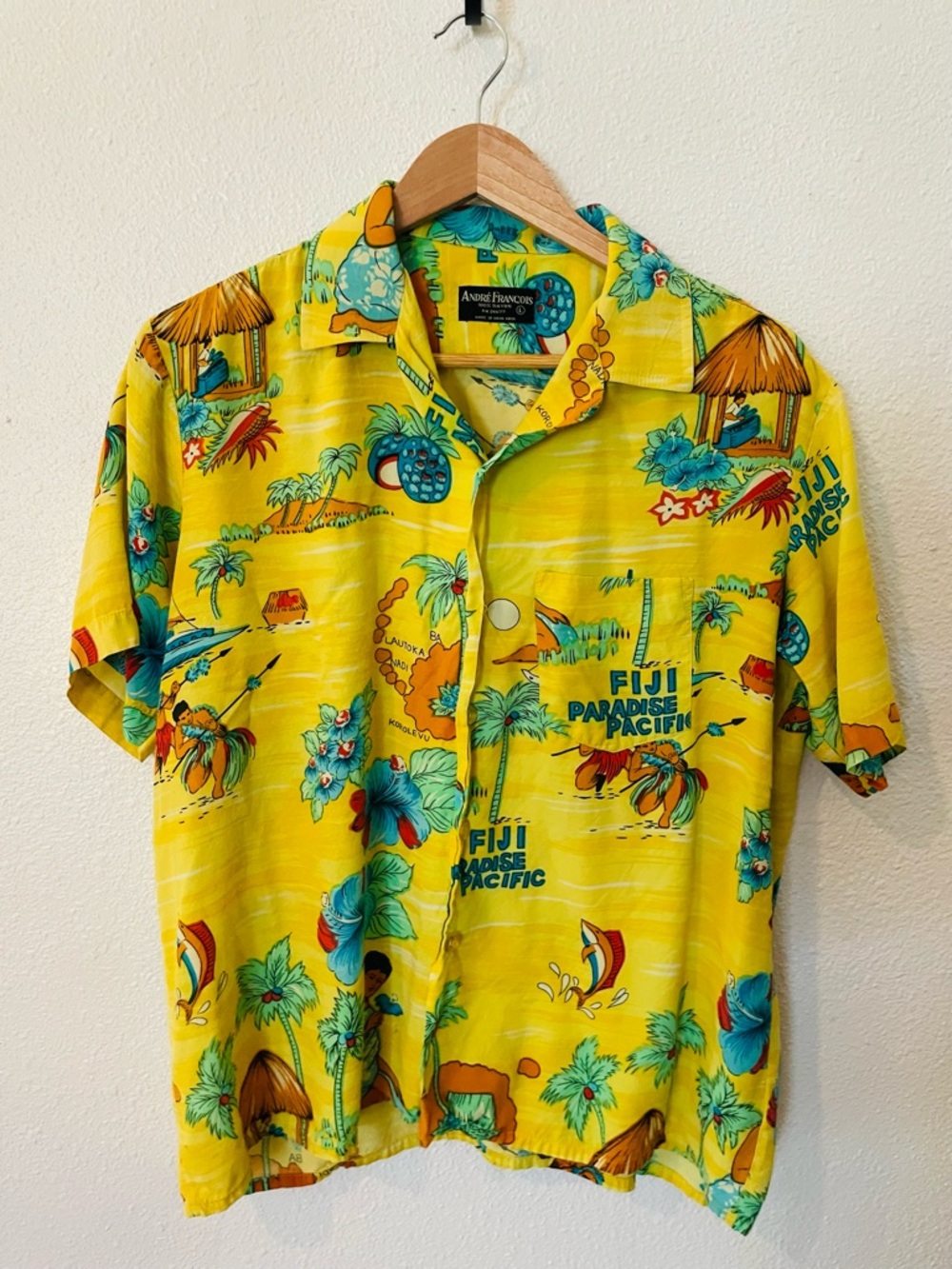 Rare André François vintage button-down shirt scenic tropical print of Fiji Sz L